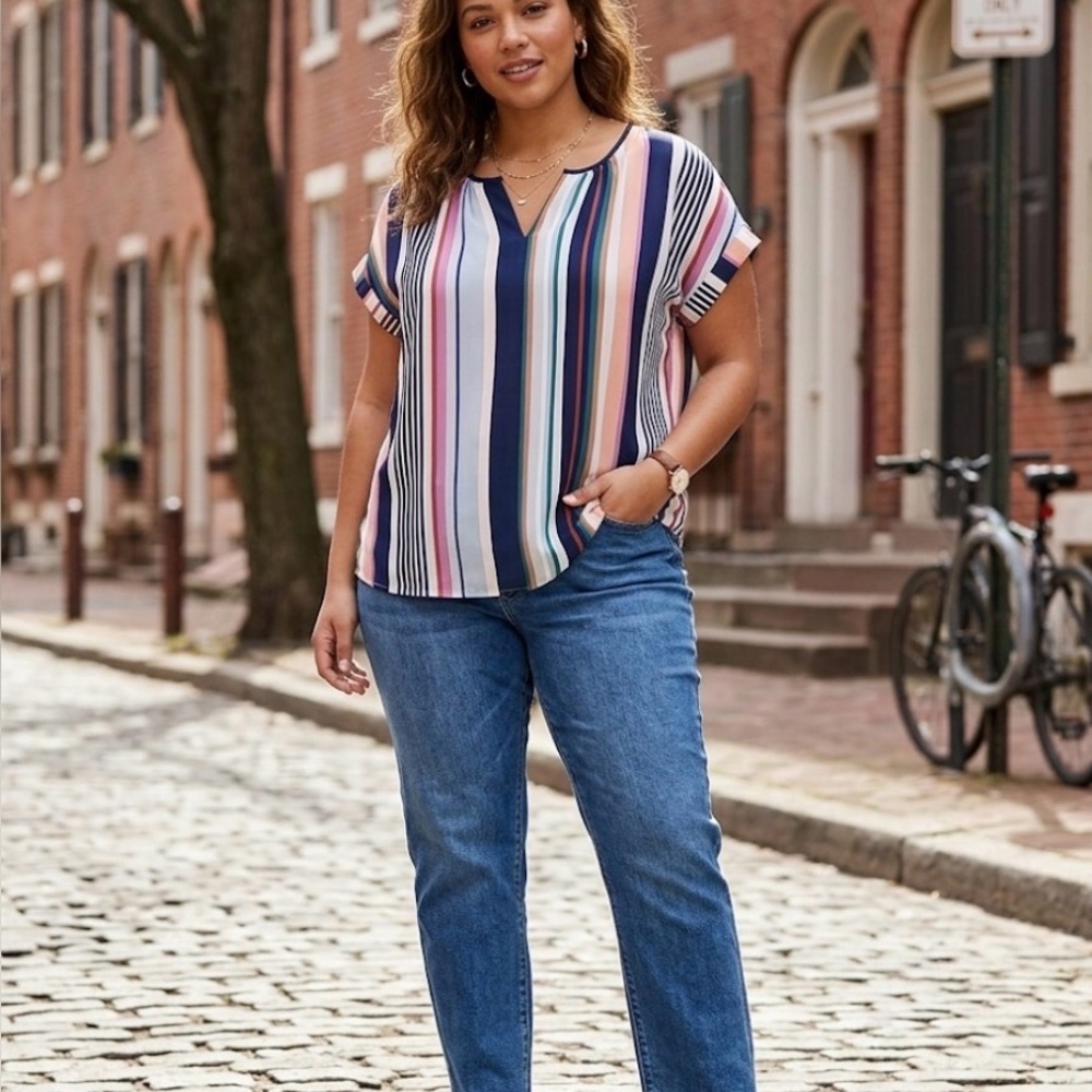 Vintage W5 Colorful Stripped V-neck Short Sleeve Vibrant Trendy Top XL Womens